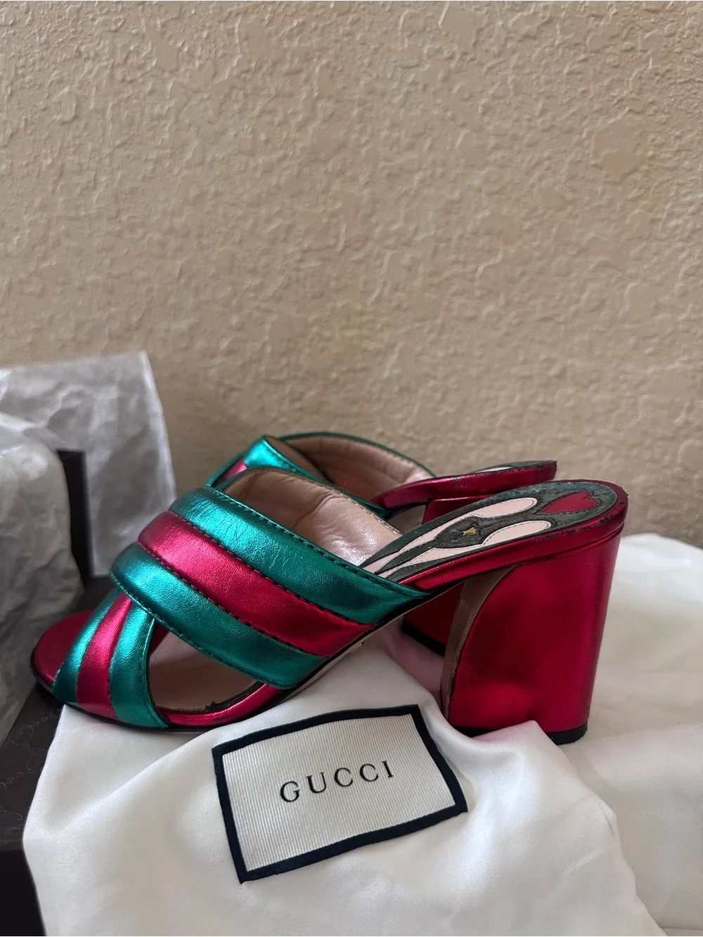 Gucci Metallic Teal and Fuchsia Crisscross Slide Mules - Picture 13 of 16